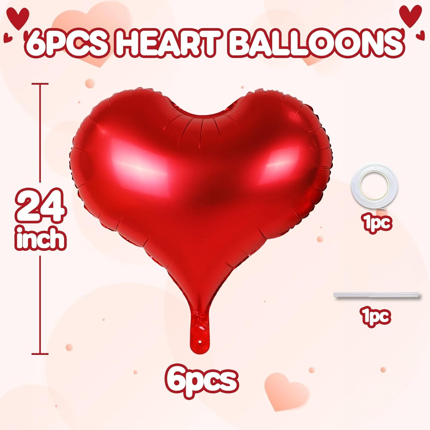 24 Inch Red Heart Balloons, Heart Shaped Valentines Foil Balloons, Red Love Helium Balloon for Valentines Day Bridal Shower Anniversary Wedding Birthday Engagement Party Decorations