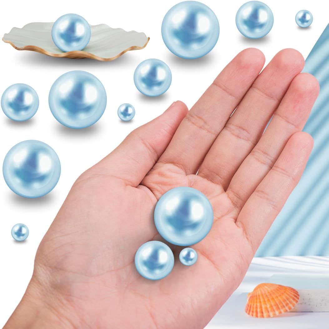 150Pcs Light Blue Polished No Hole Faux Pearl Beads for Vase Filling Decorations, Plastic Pearls Vase Fillers, Table Scatters, Wedding Centerpiece, Home Decor, 8/14/20 mm