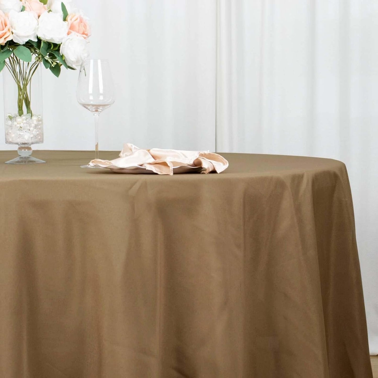 Efavormart Round Tablecloth, 132 Inch Stain & Wrinkle Resistant Washable Table Cloth, Decorative Polyester Fabric Table Cover for Banquet, Wedding, Dining- Taupe