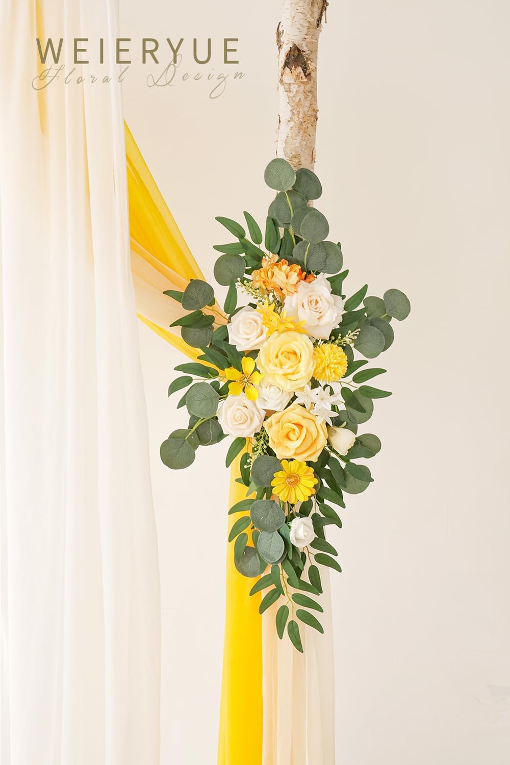 Deluxe Yellow Artificial Wedding Arch Flowers with Drapes Kit-Pack of 5, 2pcs Flower Arrangements 3pcs Hanging Sheer Drapes Yellow Ceremony Arbor Reception Backdrop Rose Floral Decorations.
