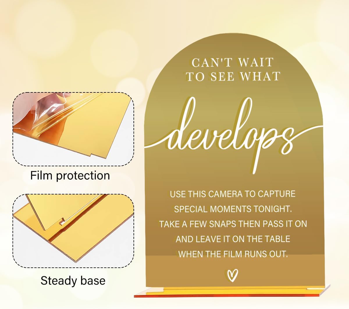 Acrylic Wedding Sign, Bridal Shower Decorations, Can't Wait to See What Develops Sign for Ceremony, Modern Font Table Signs, Gold Mirror Arched Acrylic Tabletop Signs for Wedding Reception