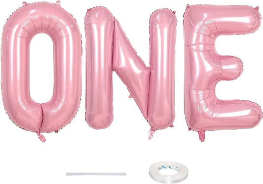 40 Inch Pastel Pink ONE Balloon for 1st Birthday - Light Pink Letters With Ribbon - Baby Pearl Alphabet for Girls First Birthday, 1 Year Old Baby Shower Party Decorations
