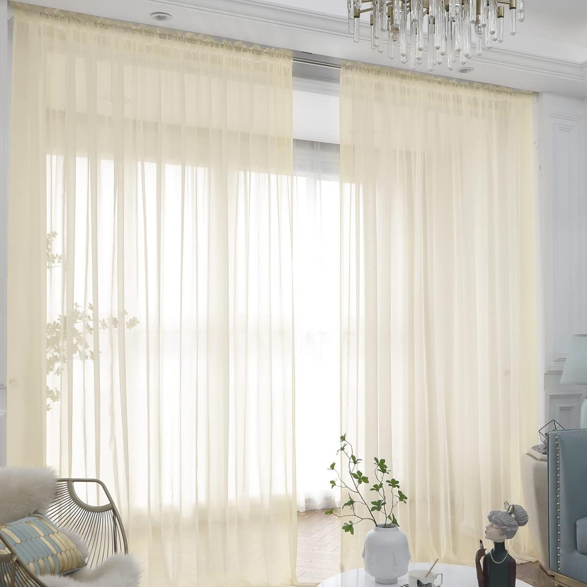 Window Light Yellow Sheer Curtains 145 Inches Long 2 Panels Sheer Curtain Basic Rod Pocket Panel for Bedroom Children Living Room Yard Kitchen (Light Yellow, 52" W x 145" L | 2 pcs)