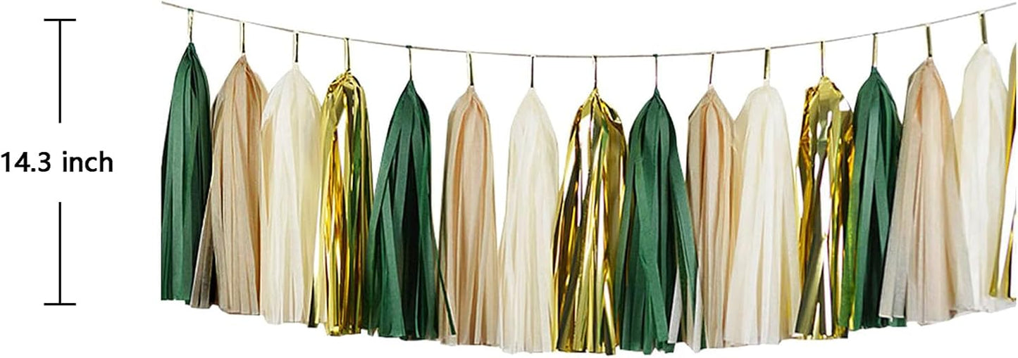ZOOYOO Shiny Tassel Garland Tissue Paper Tassel Banner,Table Decor,DIY Kits for Tassels Party Decoration,Pack of 20(Green, Gold, Beige, Khaki)