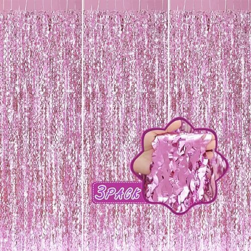 Pink Foil Fringe Curtain - Wavy Fringe Backdrop 3.3 x 6.6 Feet, Pack of 3 | Pink Streamers Party Decorations Birthday Decorations Valentine's Day Decoration Party Supplies