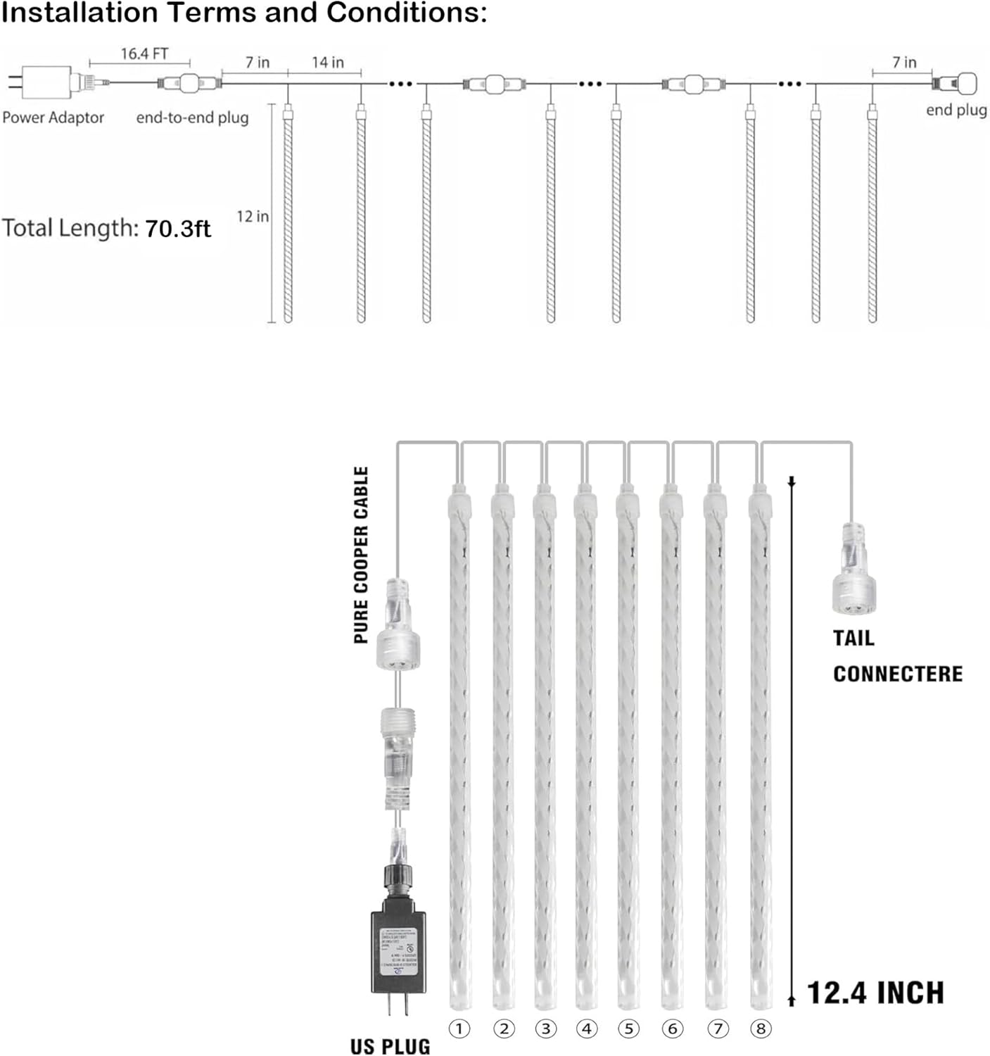Dazzle Bright 1728 LED Christmas Light, Meteor Shower Rain Lights 11.8 Inch 48 Tubes, Waterproof Plug in Falling Rain Lights Decorations for Xmas Tree Yard Party (Warm White)