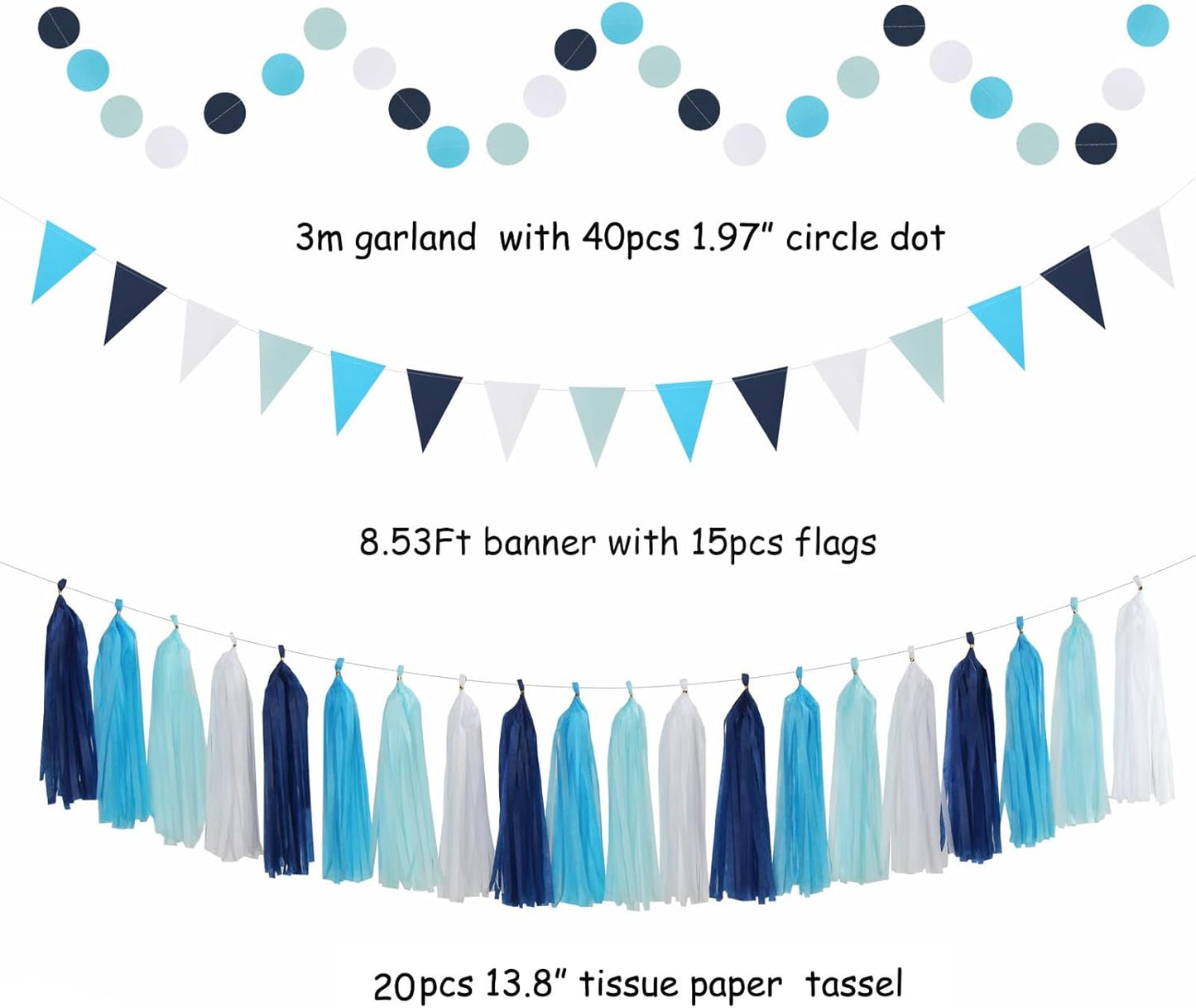 Light Royal Navy-Blue White Party-Decorations - 33pcs Kits Banner, Streamers Tassel Garland,Tissue Pom Poms Honeycomb, Paper Lantern Fans,Birthday Bachelorette Bridal Wedding Baby Shower Decor Hugtmr