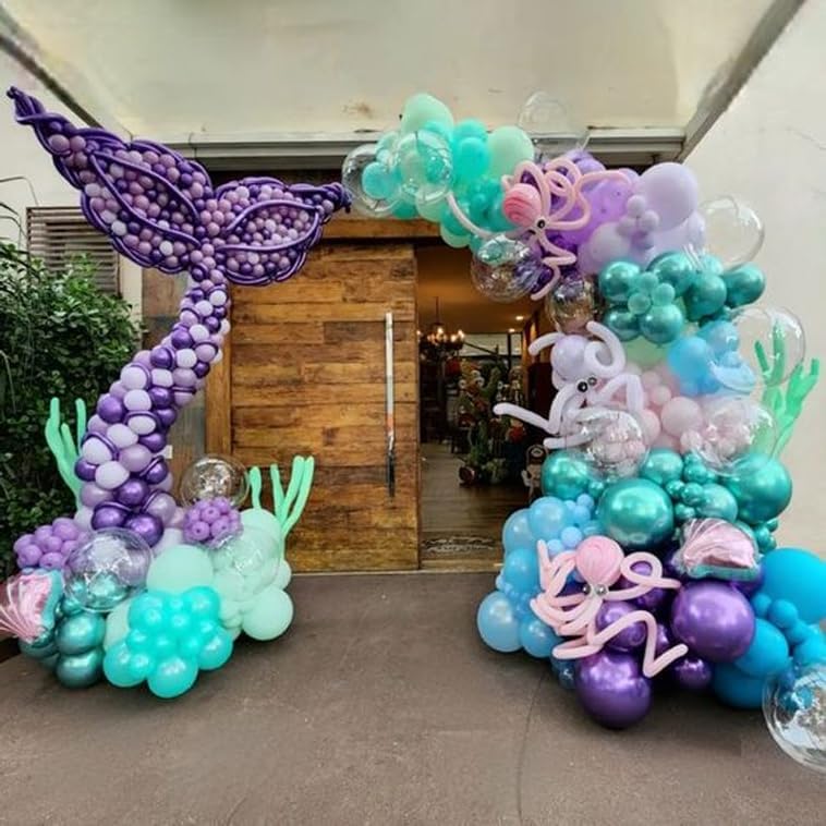 Mermaid Party Balloons, Mermaid Purple Pink Teal Balloon with conch shell starfish Print Balloons Mermaid Confetti Balloon for Under the Sea Theme Birthday Kids Girls Princess Party Supplies