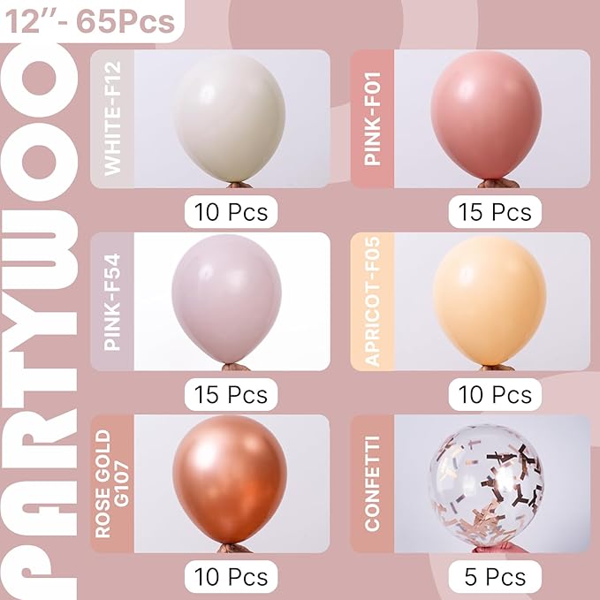 PartyWoo Dusty Pink Balloons 65pcs 12 Inch Blush Rose Pink Metallic Rose Gold Nude Boho White Sand Confetti Balloons for Baby Shower Birthday Gender Reveal Wedding Anniversary Party Decorations