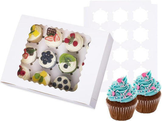6-Set Cupcake Boxes Hold 12 Standard Cupcakes, Food Grade Cupcake Holders Bakery Carrier Boxes with Windows and Inserts for Cupcakes, Muffins and Pastries (White-6 Pack)