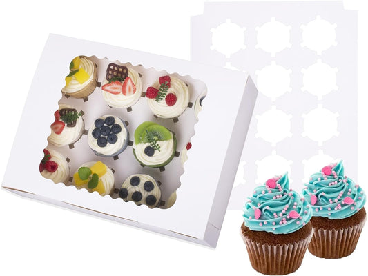 30-Set Cupcake Boxes Hold 12 Standard Cupcakes, Food Grade Cupcake Holders Bakery Carrier Boxes with Windows and Inserts for Cupcakes, Muffins and Pastries (White-30 Pack)