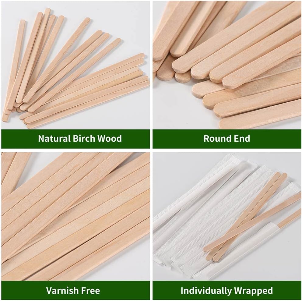 1000pcs Individually Wrapped Coffee Stirrers Wood - 5.5" Coffee Stir Sticks, Round End Disposable coffee stirrer, For Coffee, Cocktail and Hot Drinks