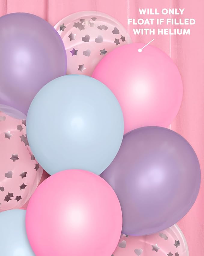 xo, Fetti Pink, Purple, Blue, Clear, Pastel Latex Balloons - 24 pk, 12" | Girls Sleepover Birthday Decorations, Kids Slumber Party Decor, Rainbow Bachelorette Supplies, Cute Party Favor