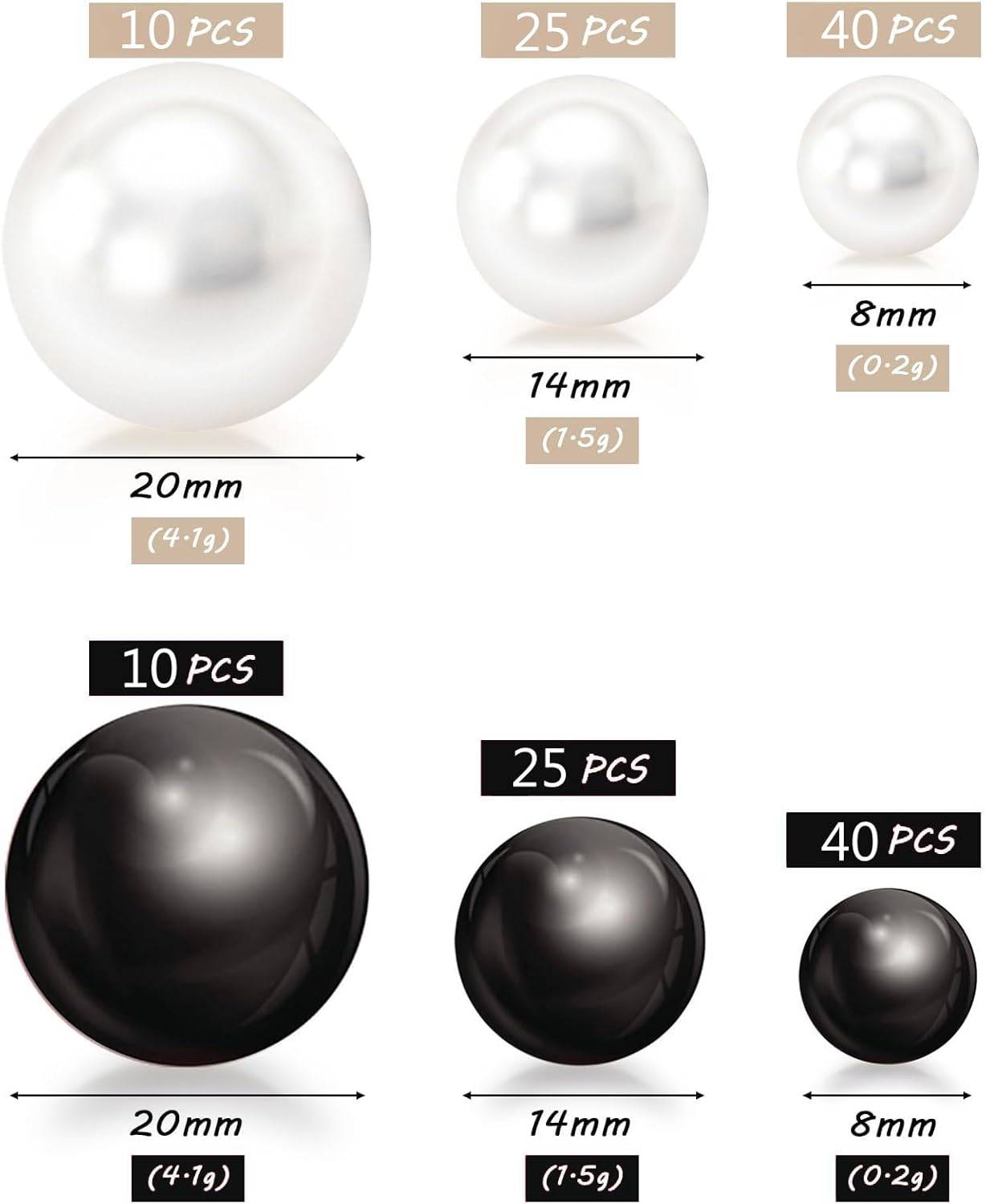 150Pcs Black&White Polished No Hole Faux Pearl Beads for Vase Filling Decorations, Plastic Pearls Vase Fillers, Table Scatters, Wedding Centerpiece, Home Decor, 8/14/20 mm