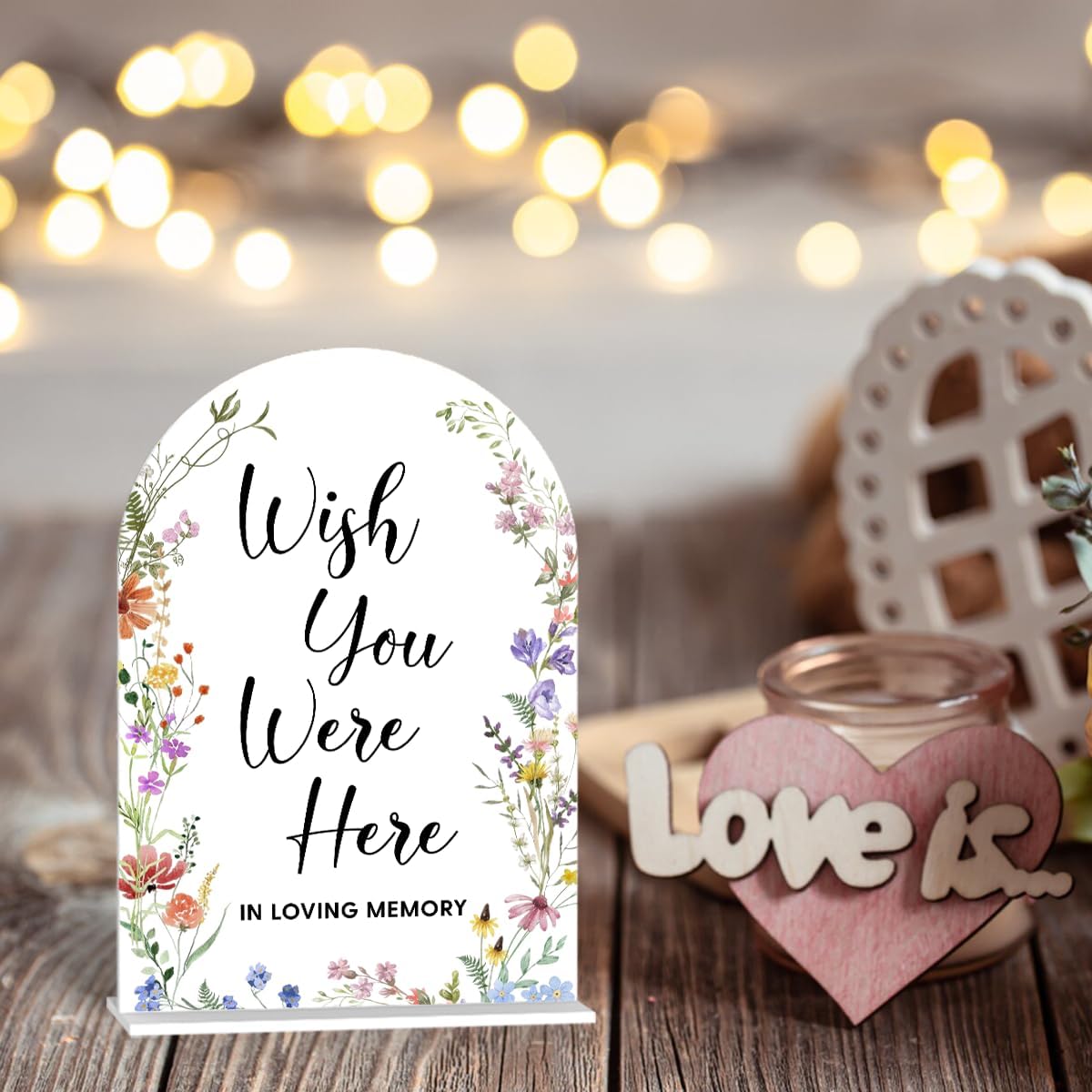 Acrylic Wedding Signs, Wish You Were Here Signs for Marriage Reception, Bridal Shower Decorations, Modern Arched Round Top Acrylic Table Top Sign with Holder for Wedding Party (White Wildflowers)