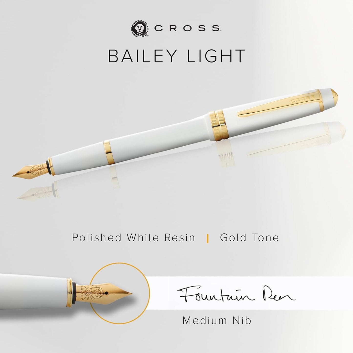 Cross Bailey Light Refillable Fountain Presented in a Everyday Gift Box - Medium Point, Black Ink, Polished White
