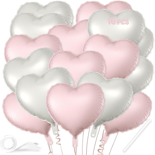 16 Pcs Heart Balloons, 18 Inch Pink White Sand Love Heart Shaped Foil Balloons for Wedding Anniversary Birthday Party Valentine Decorations Baby Shower Bridal Shower Engagement Decorations Supplies