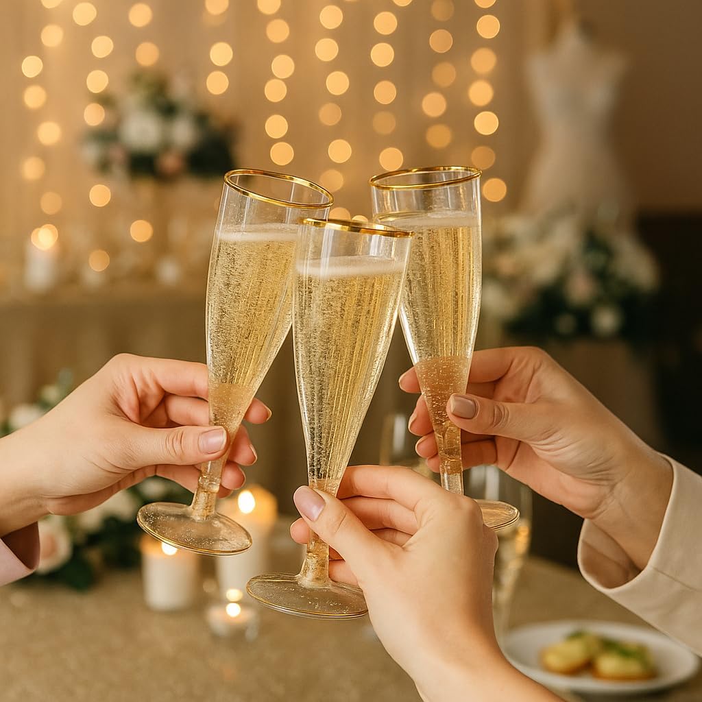 Oojami 90 Plastic 6.5 oz Disposable Champagne Flutes Ideal for Toasting Wedding Birthday Baby Showers Mimosa Cocktails Parties, 6.5 Ounces (Gold Glitter With Gold Rim)