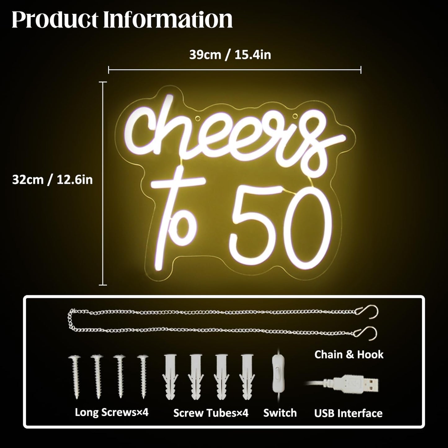 Cheers to 50 Neon Sign Happy 50th Birthday Neon Signs for Wall Decor Warm White LED Neon Light Sign Letter Neon light Cheers to 50 Years Neon Signs for Bedroom Bar Birthday Wedding Party Decor
