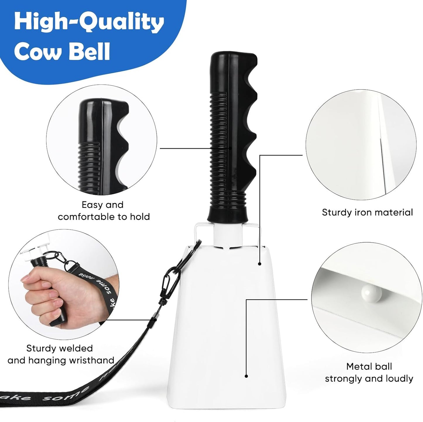Cow Bells Noise Makers with Handle: Cowbells Hand Percussion for Sporting Events with Wrist Strap - 2pcs 8 Inch Large Loud Cheering Bell for Football Games Graduation (White)