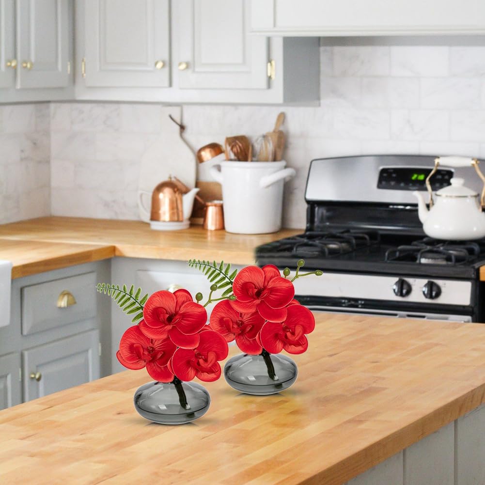 Red Orchids Artificial Flowers Faux Orchids Arrangement in Black Glass Vases Set of 3 Real Touch Phalaenopsis Orchid Flowers Small Fake Orchid Centerpiece for Dining Room Table