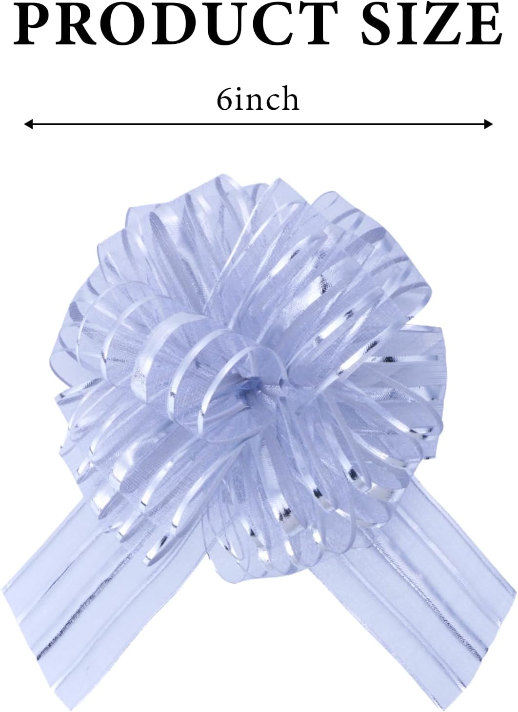 6 Pcs 6 Inch Silver Organza Pull Bow – Perfect for Wedding Decoration, Gift Wrapping Baskets, Car Bows, Birthday Parties, Christmas and Valentine's Day
