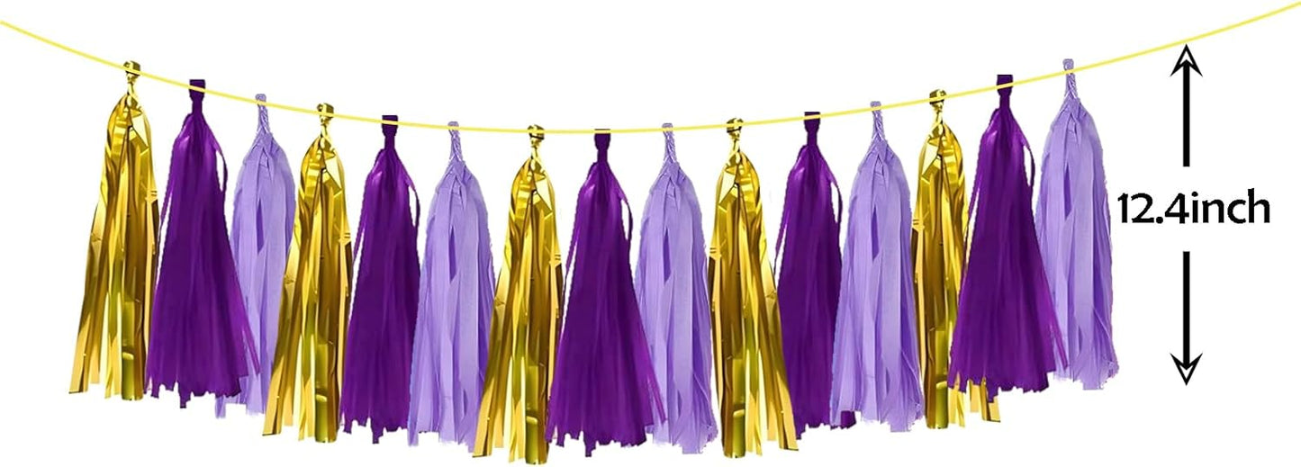 ZOOYOO Shiny Tassel Garland Tissue Paper Tassel Banner Table Decor,DIY Kits for Birthday,Wedding,Bridal Shower,Bachelorette,Graduation,Anniversary,Party Decorations,Pack of 15(Purple Gold)
