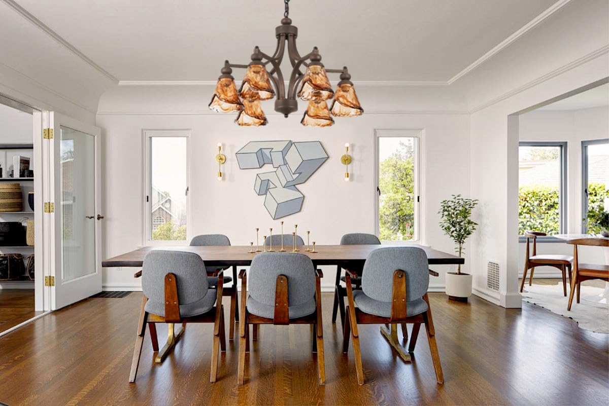 Vintage Farmhouse Chandelier, 27 Inch Adjustable Amber Glass Rust-Finish Metal Pendant Light Fixture for Living Room, Bedroom, Dining Room, Kitchen Lighting (6-Light)