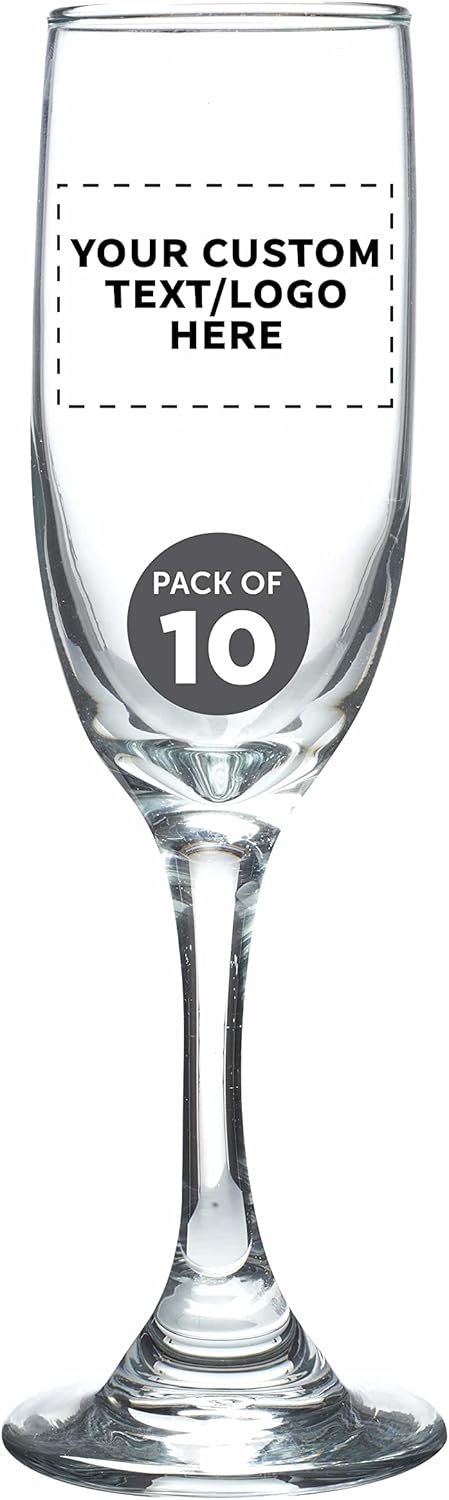 DISCOUNT PROMOS Custom Premiere Champagne Flutes 6.25 oz. Set of 10, Personalized Bulk Pack - Elegant Drinkware for Weddings, Events, & Promotional Gifts - Clear