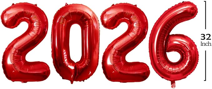 GOER 2026 Foil Number Balloons for 2026 New Year Eve Festival Party Supplies Graduation Decorations (Red,32 Inch)