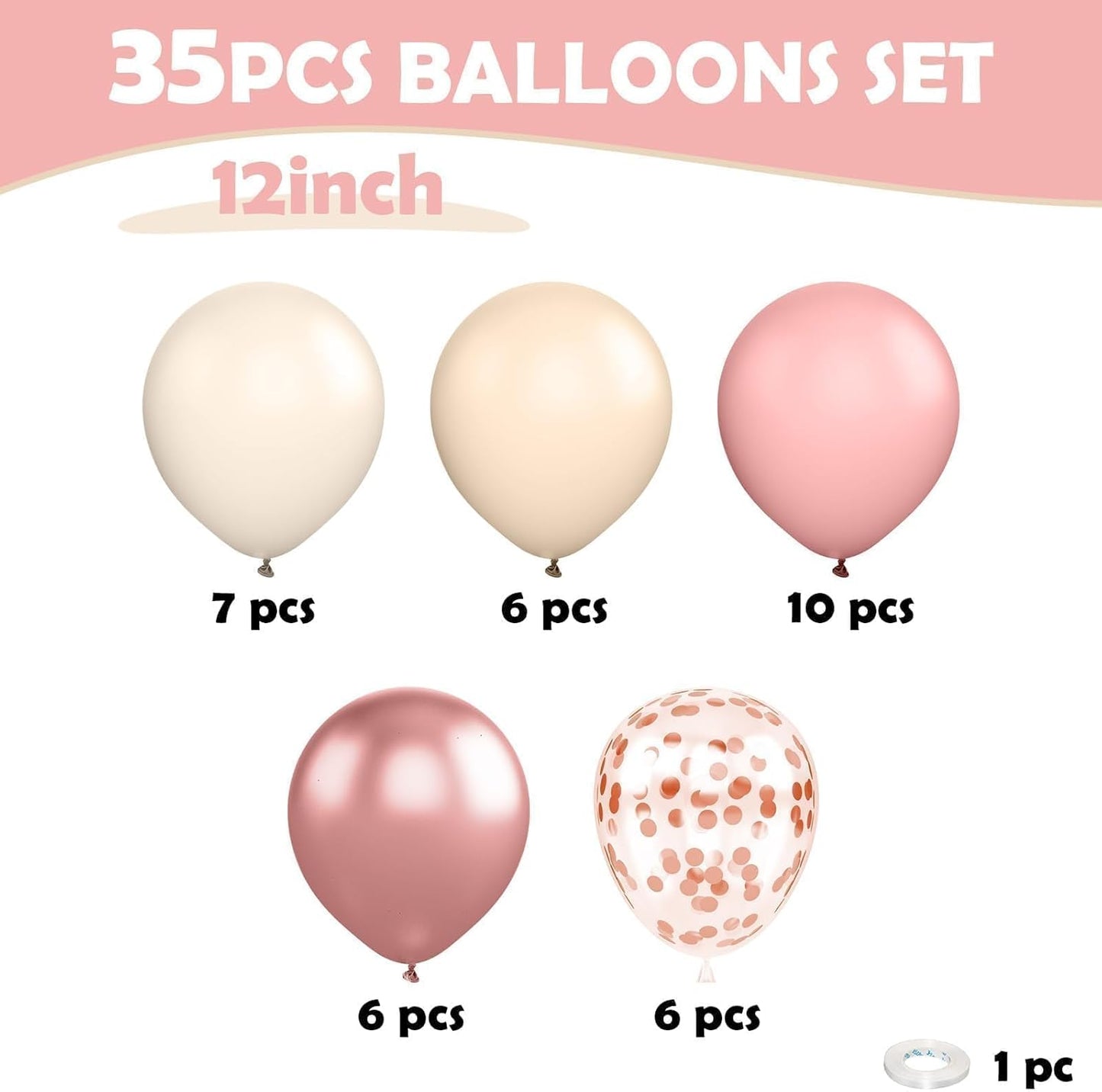 Retro Pink White Balloons, 12 Inchs Blush Pink Sand White Metallic Rose Gold Balloons for Girls Princess Birthday Party Wedding Anniversary Engagement Bridal Baby Shower Decorations