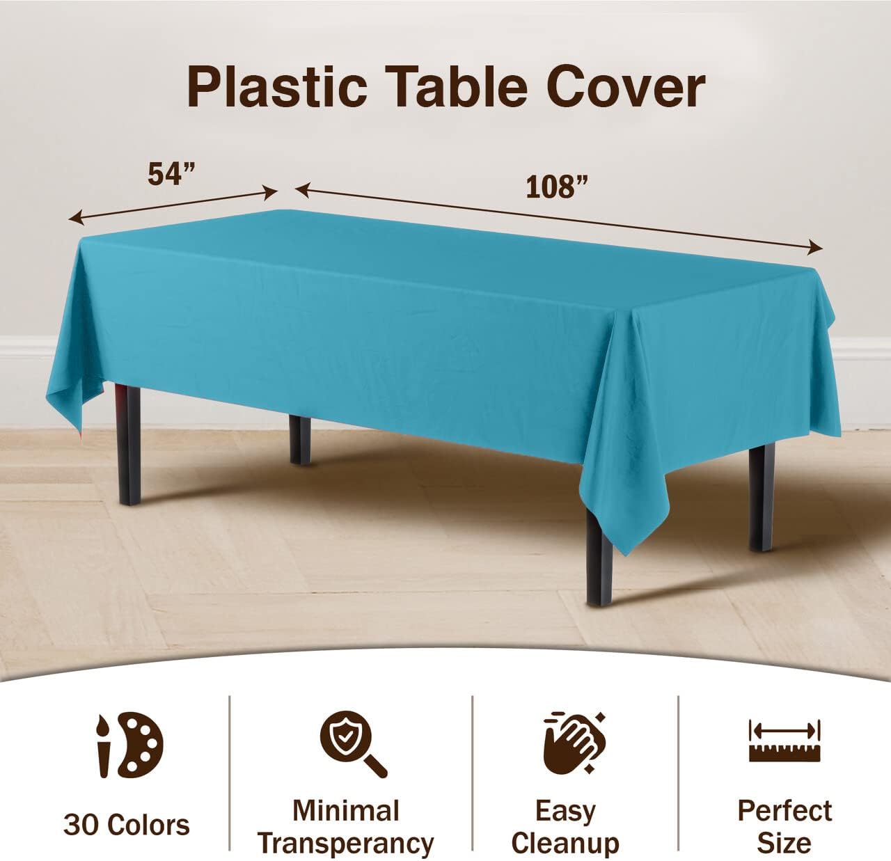 Party Solids Pack Of 12 Premium Plastic Tablecloth 54 Inch x 108 Inch Rectangle Table Cover - Turquoise