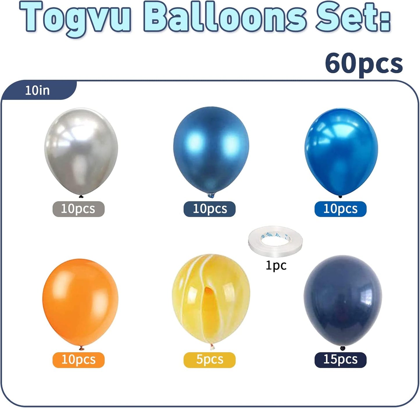 60Pcs Balloons Orange Blue, Outer Space Party Balloons Set, Navy Blue Silver Orange Yellow Agate Latex Balloon, Blue Party Balloons for Boys Kids Space Theme Birthday Party, Graduation, Baby Shower