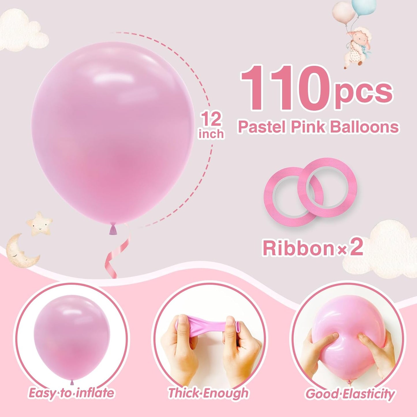 110pcs Pastel Pink Balloons 12 Inch Light Pink Latex Balloon Garland Arch Kit for Birthday Baby Shower Anniversary Graduation Wedding Party Decorations