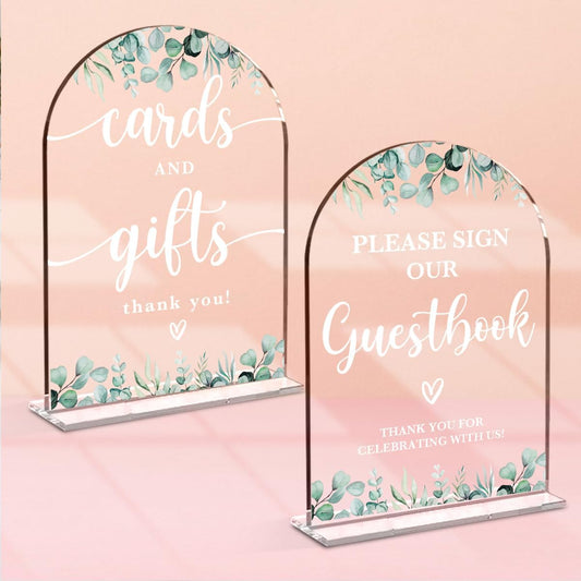 2 Pcs Acrylic Wedding Signs for Reception, Bridal Shower Decorations, Cards and Gifts Signs, Guest Book Sign, Arch Acrylic Table Top Sign with Holder for Wedding Reception (Clear Eucalyptus Leaves)