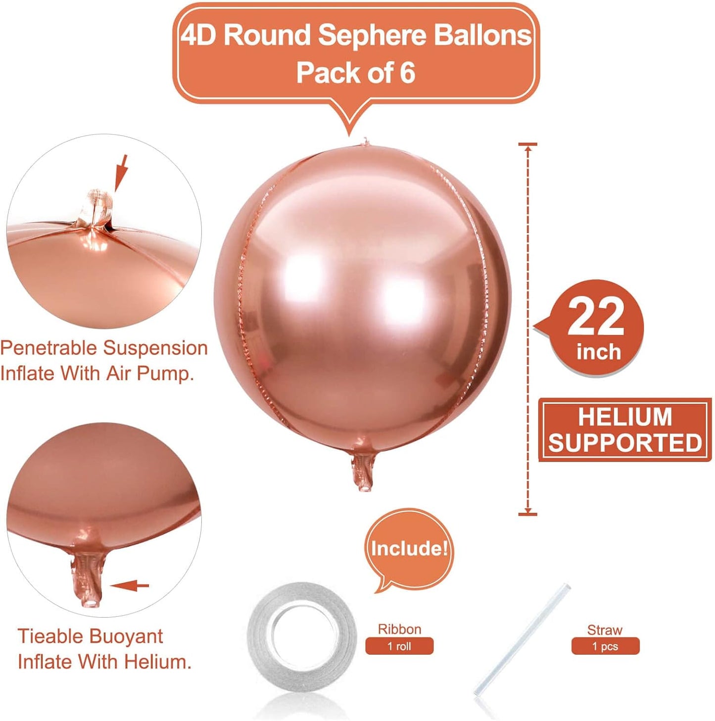 6 Pack Rose Gold 22 Inch 4D Foil Balloons Big 360 Degree Round Sephere Mylar Balloons Mirror Finish Metallic Balloons for Wedding,Birthday,Bachelorette,Baby Shower Decorations Party Supplies