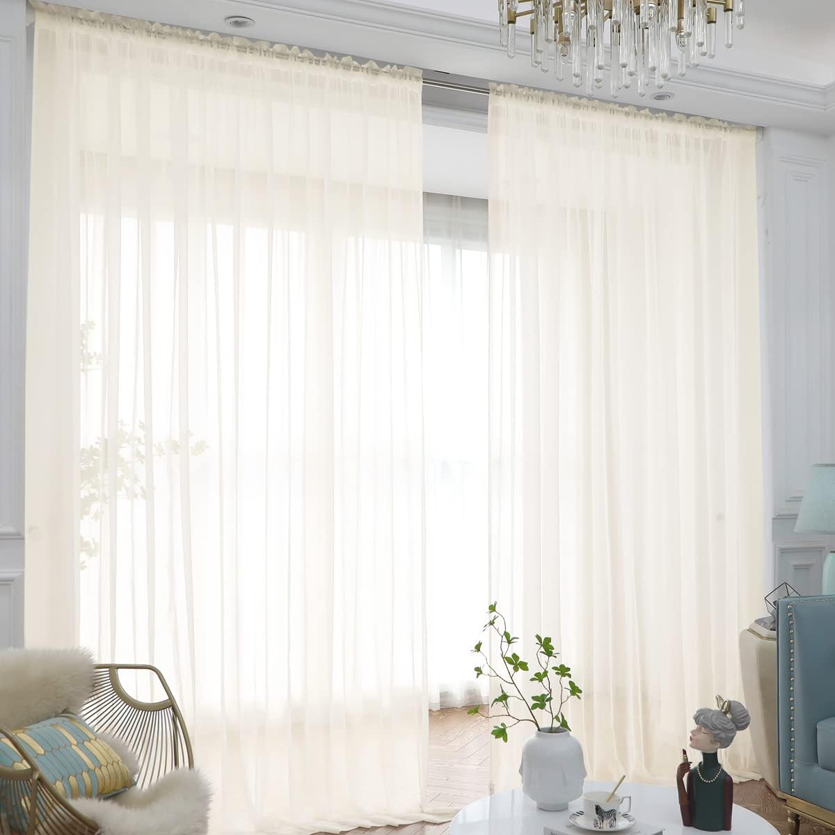 Window Beige Sheer Curtains 90 Inches Long 2 Panels Sheer Curtain Basic Rod Pocket Panel for Bedroom Children Living Room Yard Kitchen (Beige, 52" W x 90" L | 2 pcs)