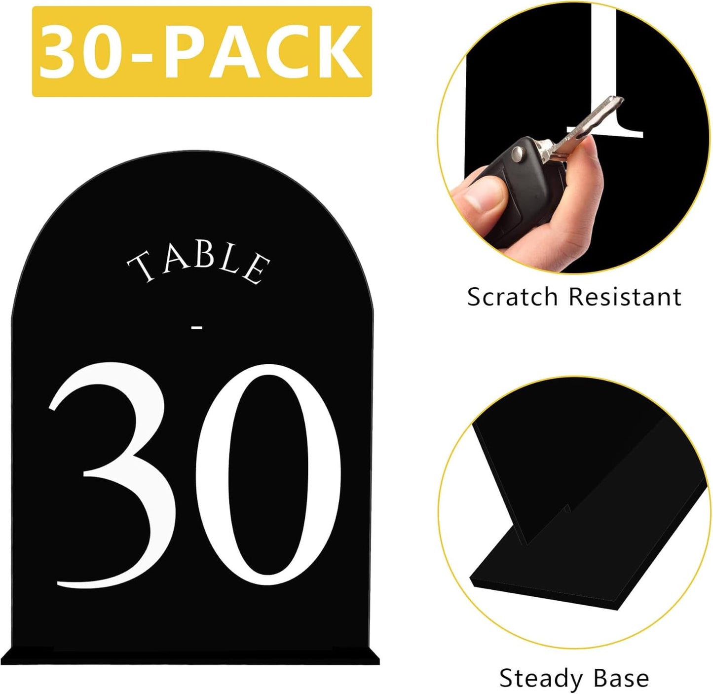JOYIT Arch Wedding Table Numbers 1-30 with Stands – Double-Sided Printed 5" X 7" Acrylic Table Signs with Black Background White Text, Perfect Acrylic Table Numbers for Wedding Receptions, Parties, Anniversaries, and Events
