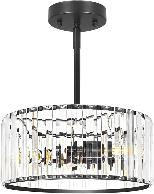 Black 3 Light Crystal Chandelier, Modern Dining Room Light Fixture over Table, Round Kitchen Lighting Fixture, Farmhouse Semi Flush Mount Ceiling Pendant Light for Living Room Bedroom Hallway Entryway