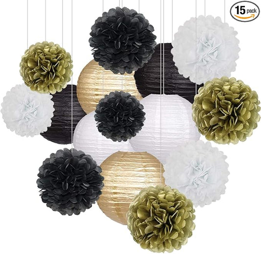 Black Gold Party Decorations, Black Gold Paper Lanterns and Pom Poms Flowers for Birthday Graduation Masquerade New Years Party Decor 15 Pieces