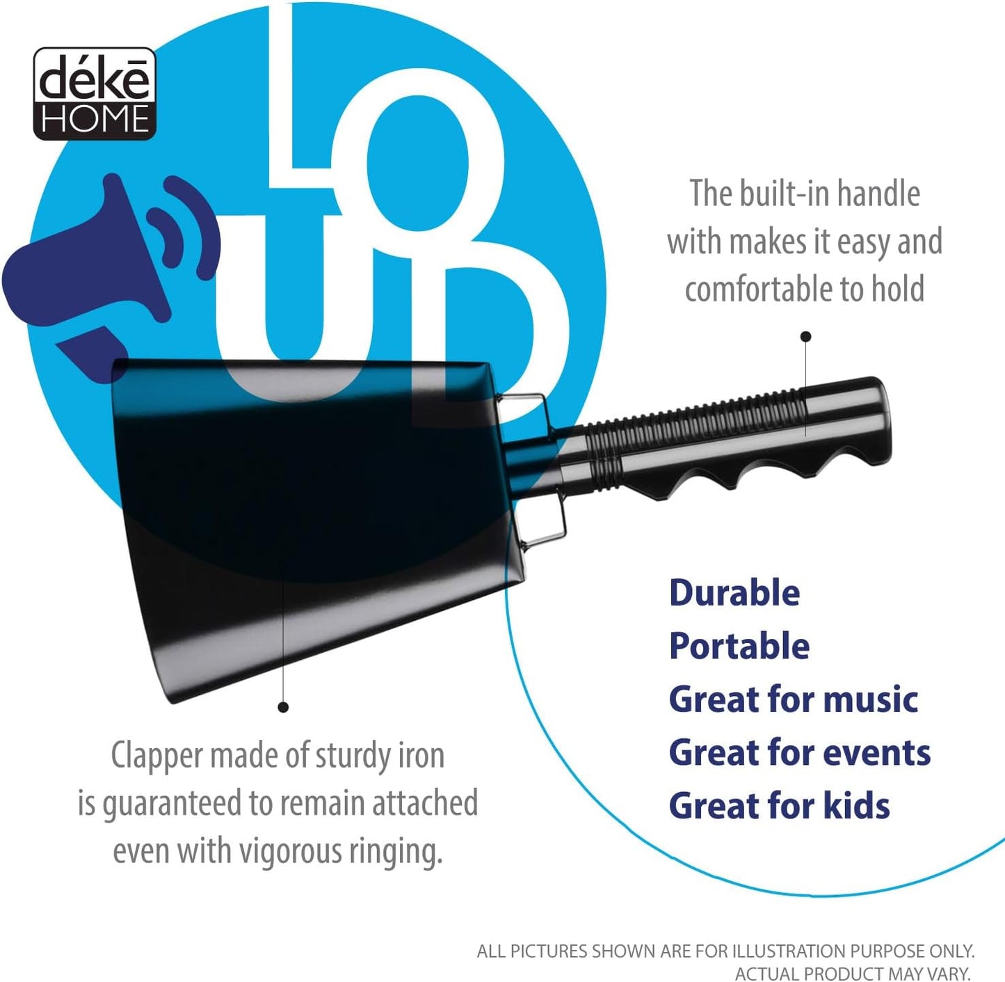 Deke Home - 2 Pack 10 Inch Steel Cowbells with Handle, Loud Noise Makers for Football, Sports, Parties, Competitions, School Spirit & Safety, Large Hand Bell for Cheering & Percussion Instrument