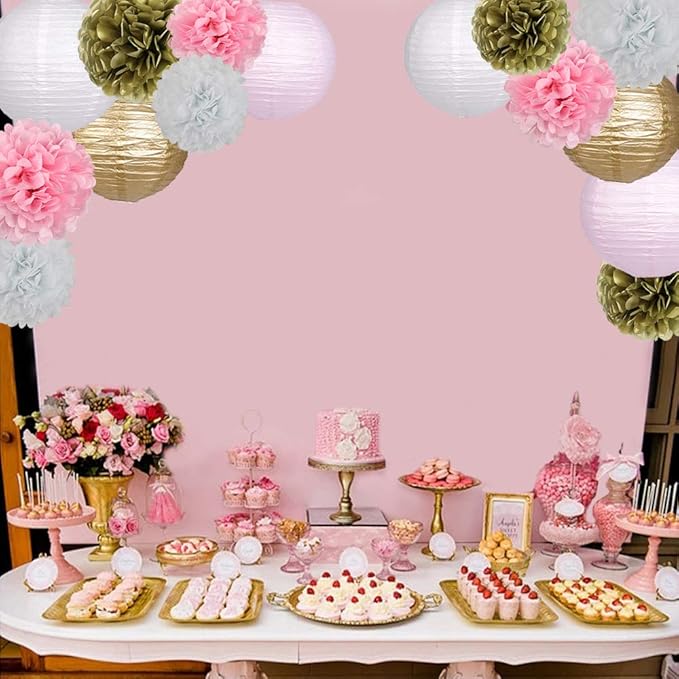 Pink and Gold Party Decorations, Pink Gold Paper Lanterns and Pom Poms Flowers for Birthday Baby Showers Engagement Tea Party Decor 15 Pieces
