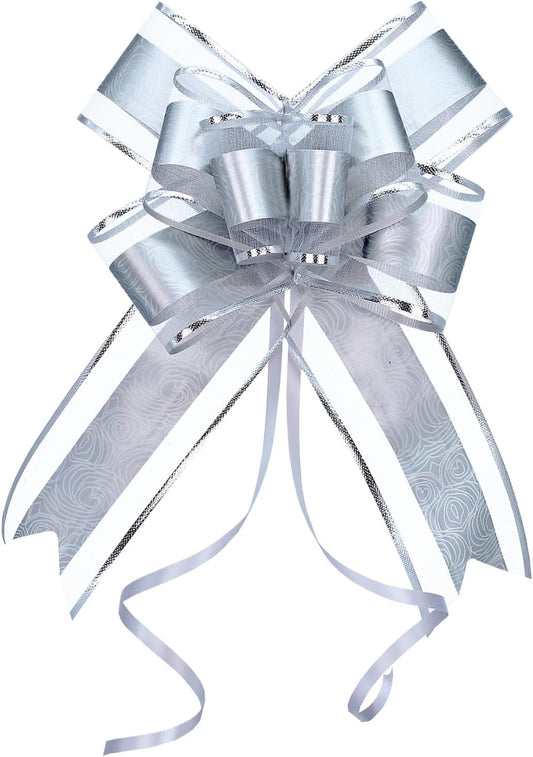 WEWILUCK Big Bow for Present, 15 PCS Pull Gift Bows for Gift Wrapping, Gift Baskets, Christmas, Wedding, and Birthday Party Decor(Silver with Rose Pattern, 6 inches)