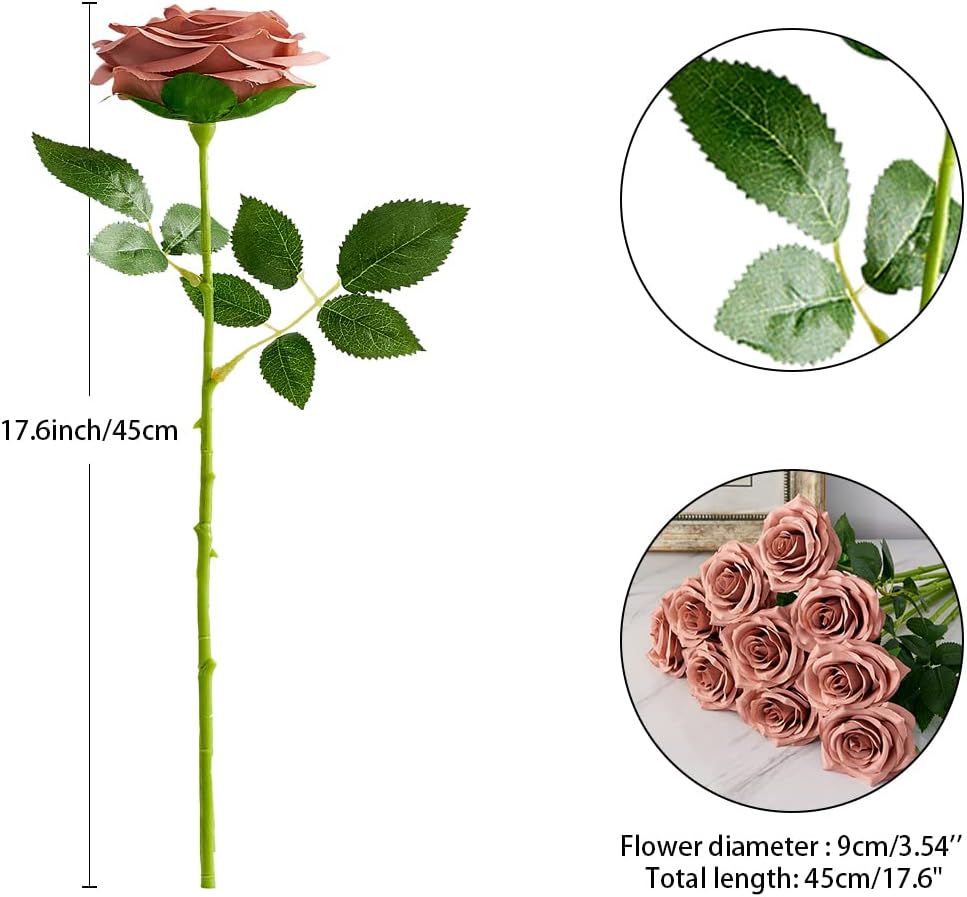 Artificial Rose 10pcs Open Flower Bouquet Faux Rose Stems for Wedding Arrangement, Bridal Bouquet, Centerpiece, Fake Faux Silk Flowers (Dusty Rose)