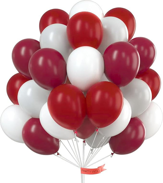PartyWoo Burgundy White and Gray Balloons 65pcs 12 Inch Burgundy Maroon White Grey Balloons for Graduation Baby Shower Birthday New Year's Eve Anniversary Bachelorette Retirement Party Decorations
