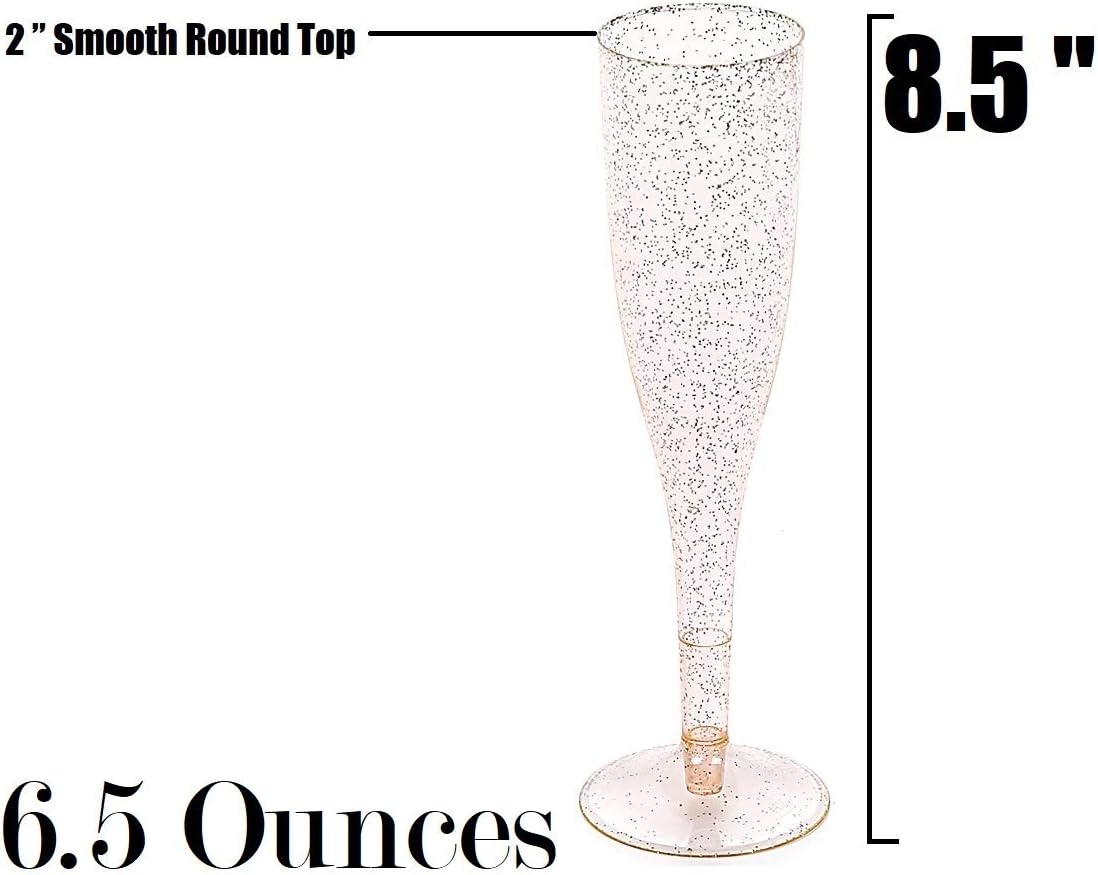 Oojami 90 Plastic 6.5 oz Disposable Champagne Flutes Ideal for Toasting, Wedding, Birthday, Baby Showers, Retirement, Celebration, Mimosa, Cocktails, Engagements, Birthday, Parties (Gold Glitter)