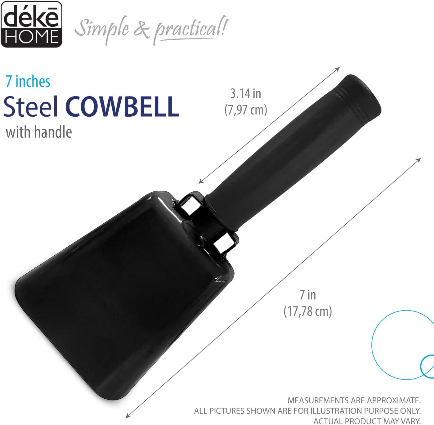 Deke Home - 2 Pack 7 Inch Steel Cowbells with Handle, Loud Noise Makers for Football, Sports, Parties, Competitions, School Spirit & Safety, Large Hand Bell for Cheering & Percussion Instrument