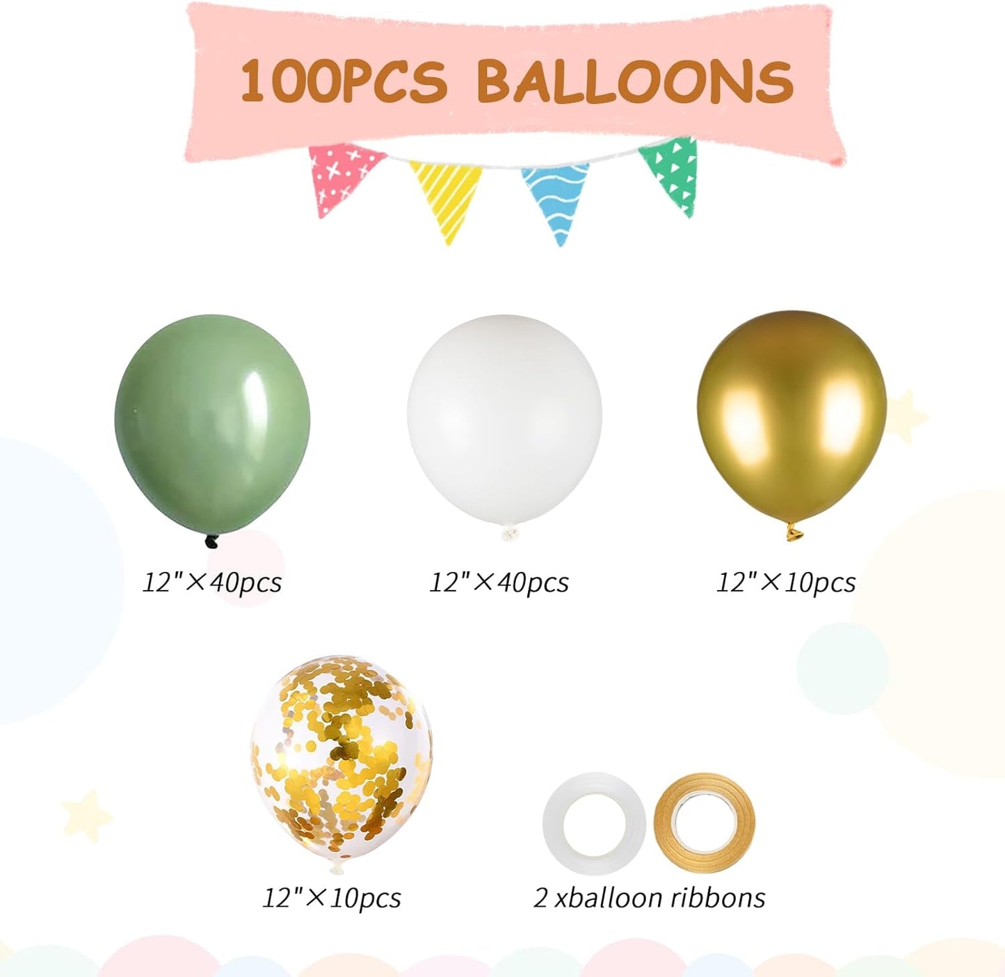 100pcs Sage Green & Gold Balloons Kit - 12 Inch Matte Olive Green, White and Metallic Gold Confetti Balloons for Boho Wedding, Baby Shower, Birthday, Graduation (66ft Ribbons)