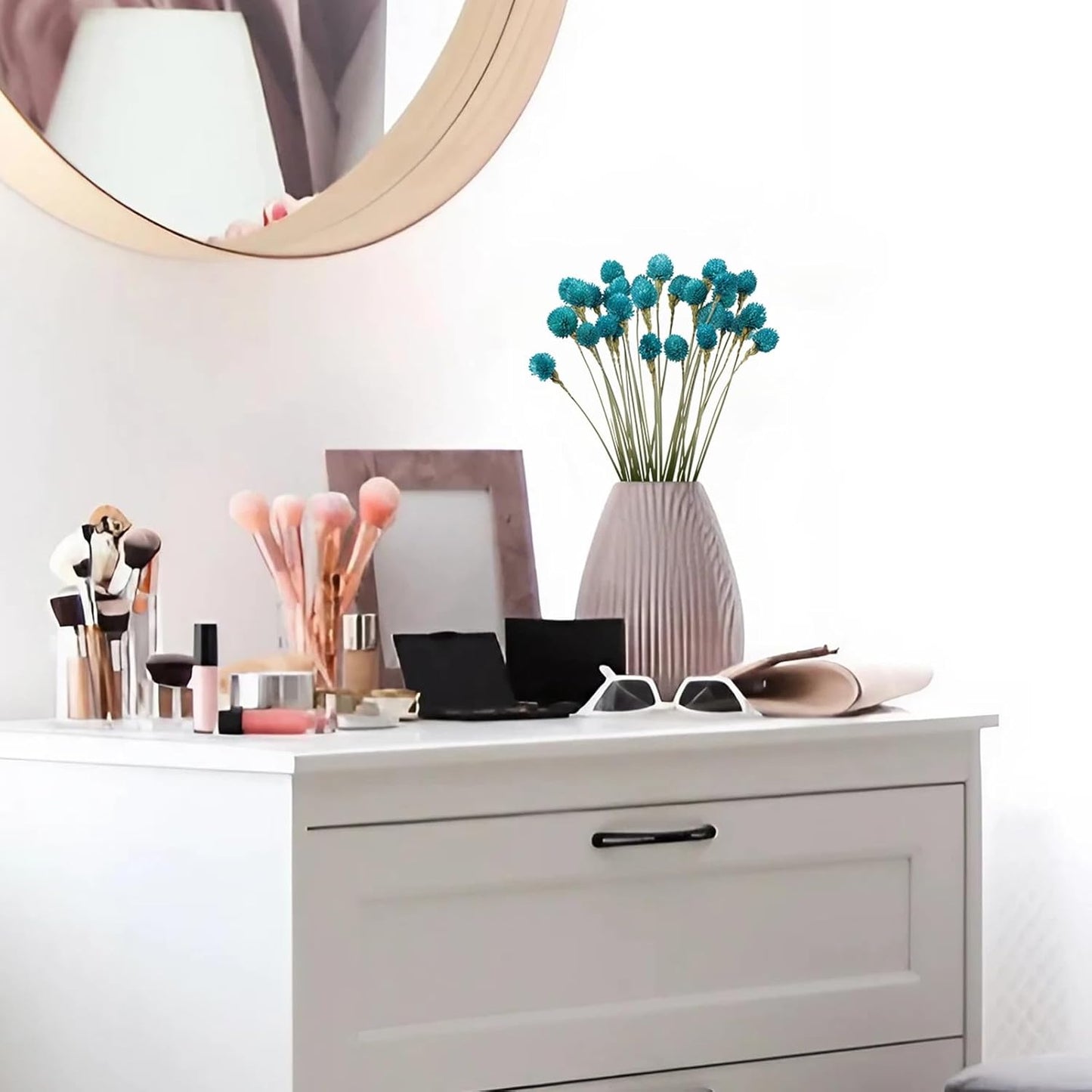 Dried Flower Tiffany Blue Globe Amaranth with Wheat Straw Natural - 40PCS Bouquet for Vase Home Decor Party DIY Arrangement