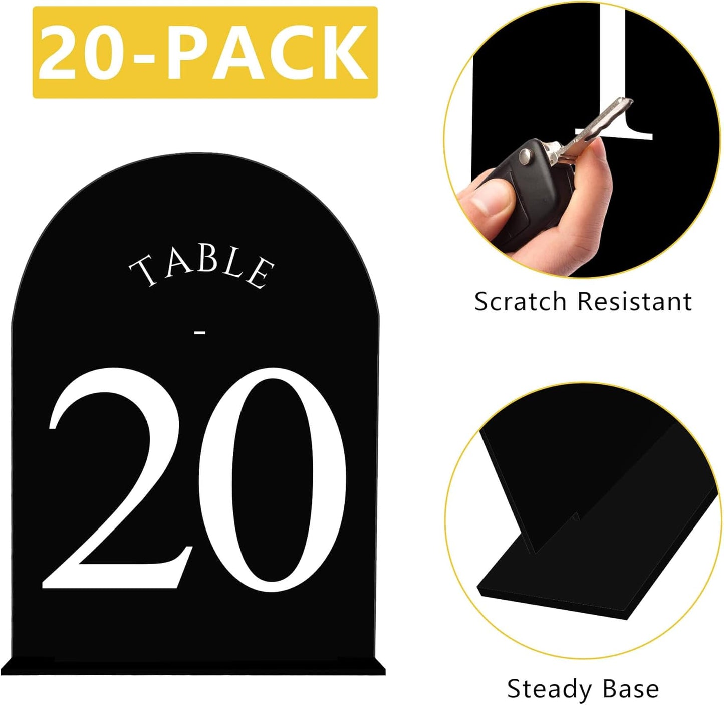 JOYIT Arch Wedding Table Numbers 1-20 with Stands – Double-Sided Printed 5" X 7" Acrylic Table Signs with Black Background White Text, Perfect Acrylic Table Numbers for Wedding Receptions, Parties, Anniversaries, and Events